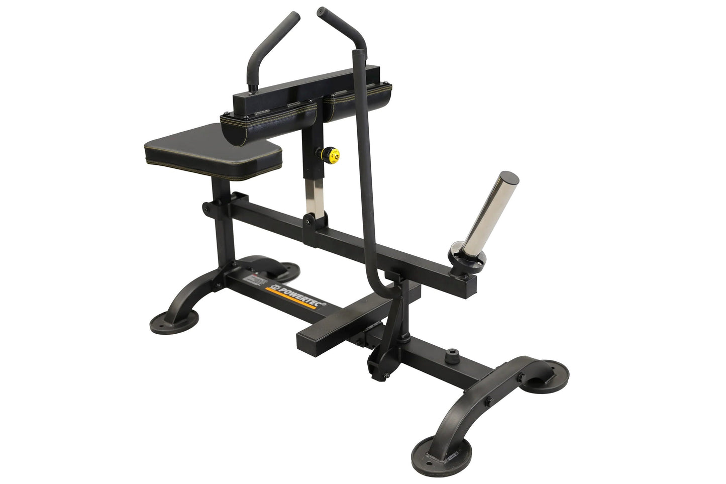 Black and yellow seated calf raise machine with padded seat, handle bars, and foot platform on white background