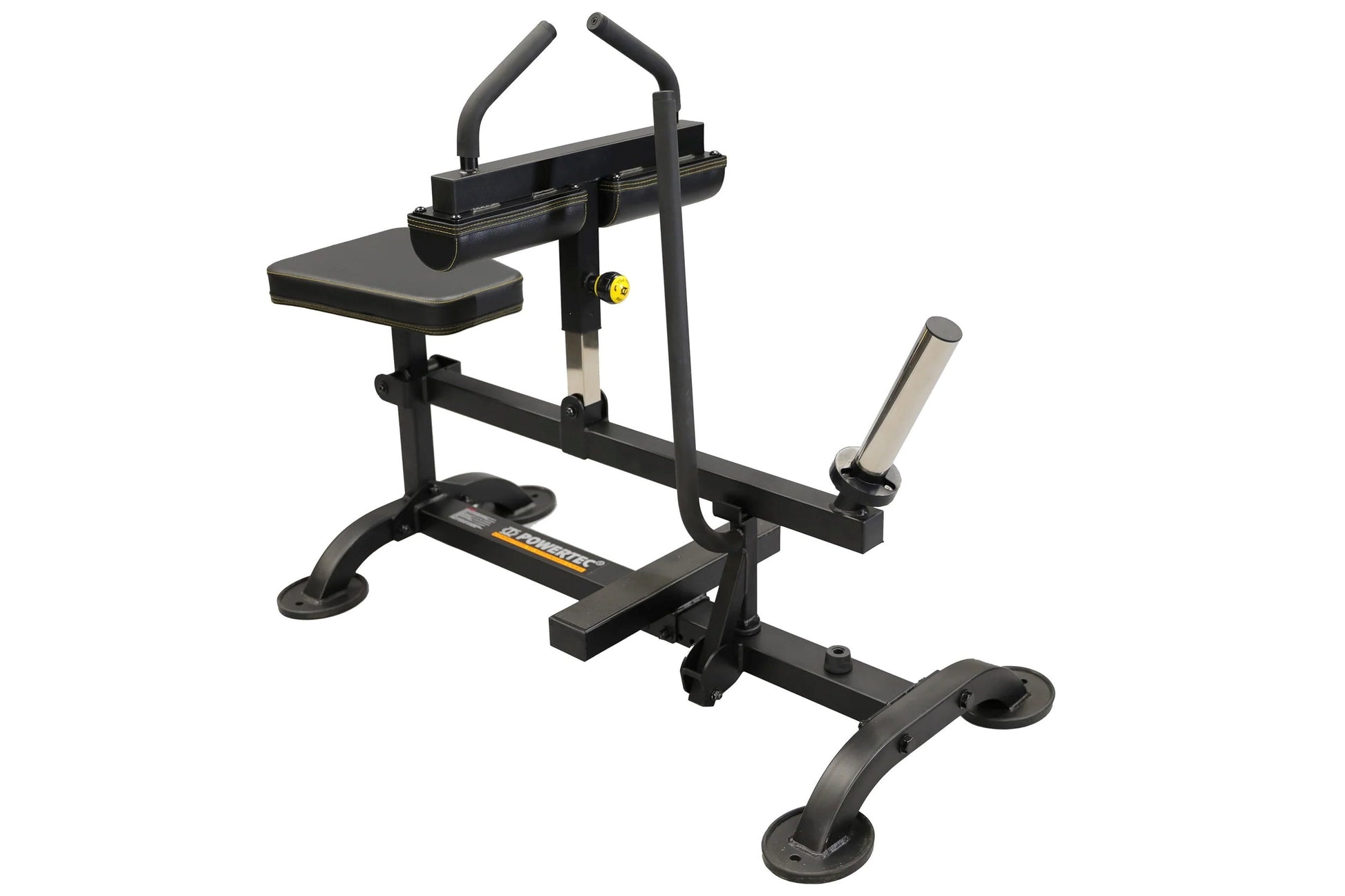 Black and yellow seated calf raise machine with padded seat, handle bars, and foot platform on white background