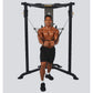 Powertec black functional trainer with dual cable stations, model demonstrated by shirtless man in black shorts performing ch