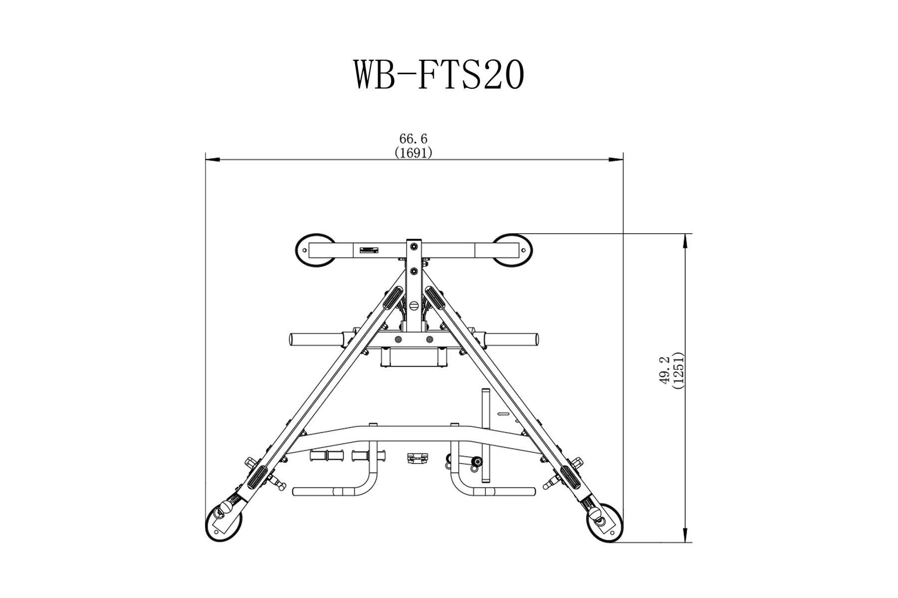 Technical schematic diagram of Powertec Streamline Functional Trainer WB-FTS20 with dimensions and mechanical components labe