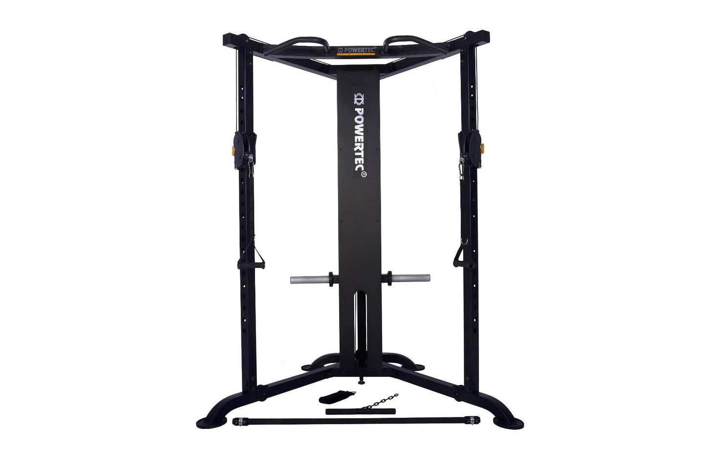 Black Powertec Streamline functional trainer with dual cable machines, gray handles, and wide base on white background