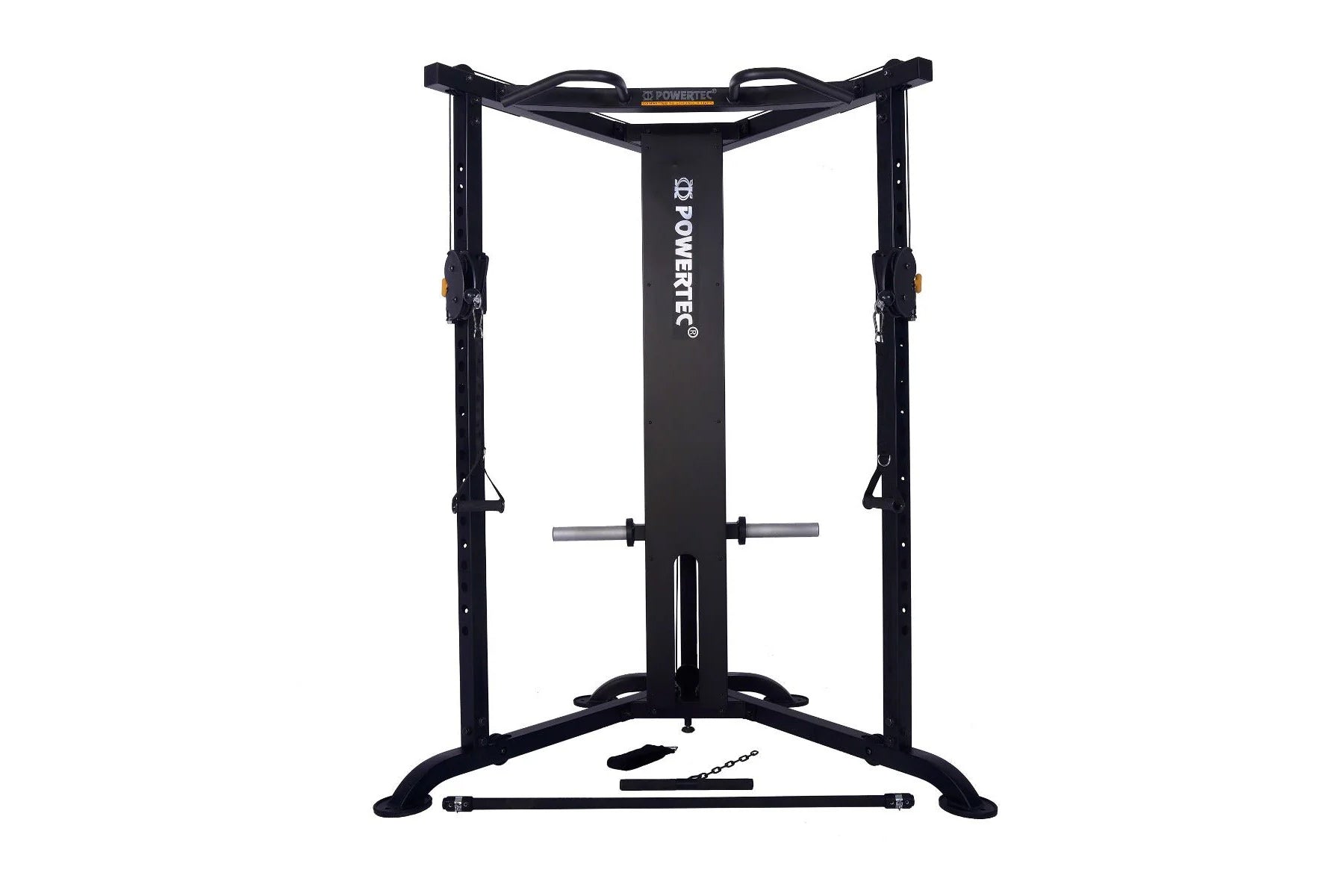 Black Powertec Streamline functional trainer with dual cable machines, gray handles, and wide base on white background