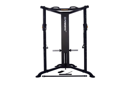 Black Powertec Streamline functional trainer with dual cable machines, gray handles, and wide base on white background