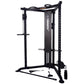 Black functional trainer with dual pulley system, cable attachments, and adjustable weight pins on white background