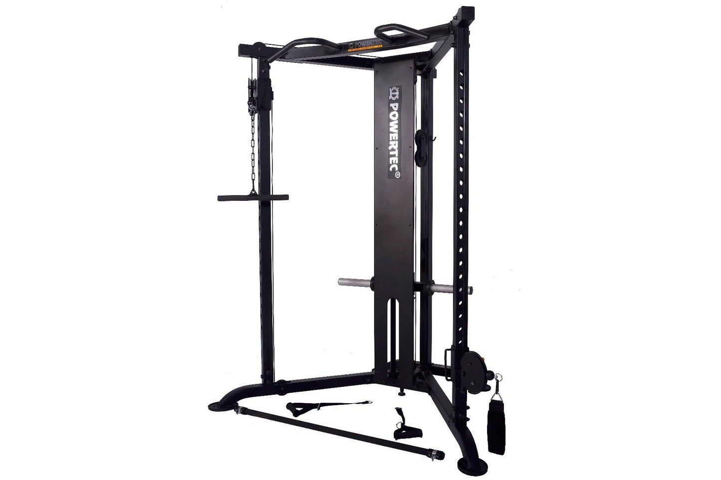 Black functional trainer with dual pulley system, cable attachments, and adjustable weight pins on white background