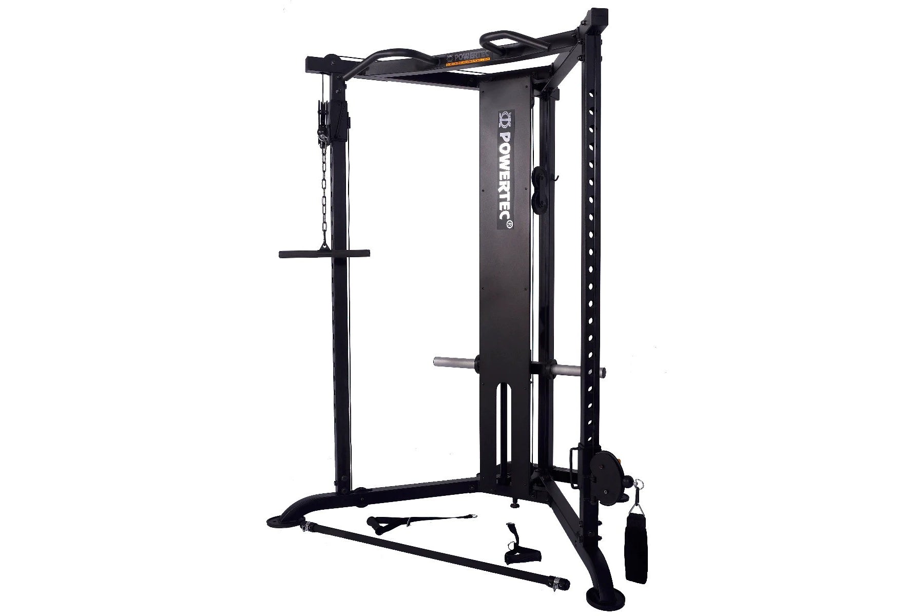 Black functional trainer with dual pulley system, cable attachments, and adjustable weight pins on white background