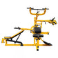 Yellow and black multi-exercise home gym equipment with adjustable bench, leg press, pull-down bar, and rowing attachment on 