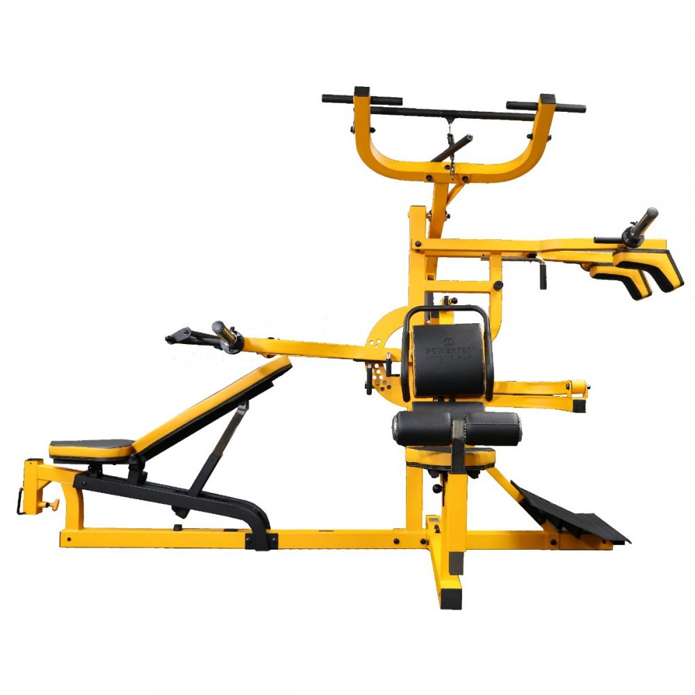 Yellow and black multi-exercise home gym equipment with adjustable bench, leg press, pull-down bar, and rowing attachment on 
