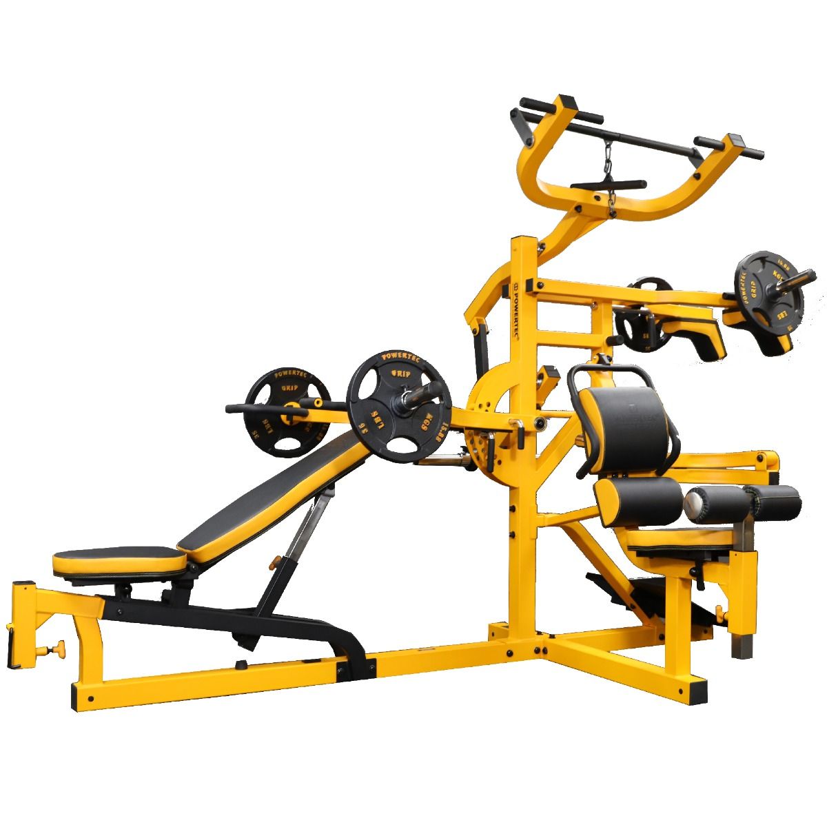 Yellow and black multi-station home gym system with leg press, chest press, and lat pull attachments on white background