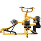 Yellow and black multifunctional home gym with seated leg press, chest press, and lat pulldown stations, shown with model dem