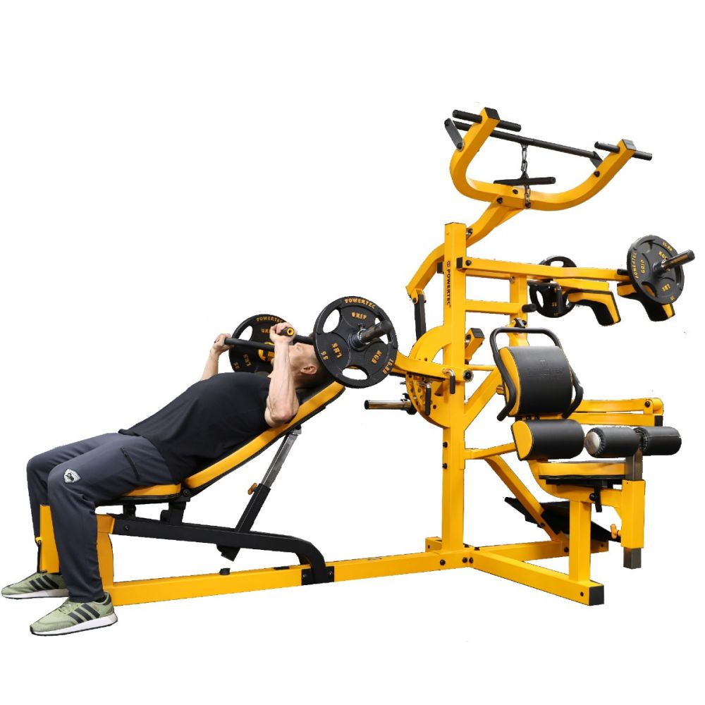 Yellow and black multi-station weight bench with model demonstrating incline press position, includes barbell, weight plates,
