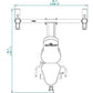 Technical drawing of Powertec Olympic weight bench viewed from above, showing barbell rack, seat, and leg attachment with mea