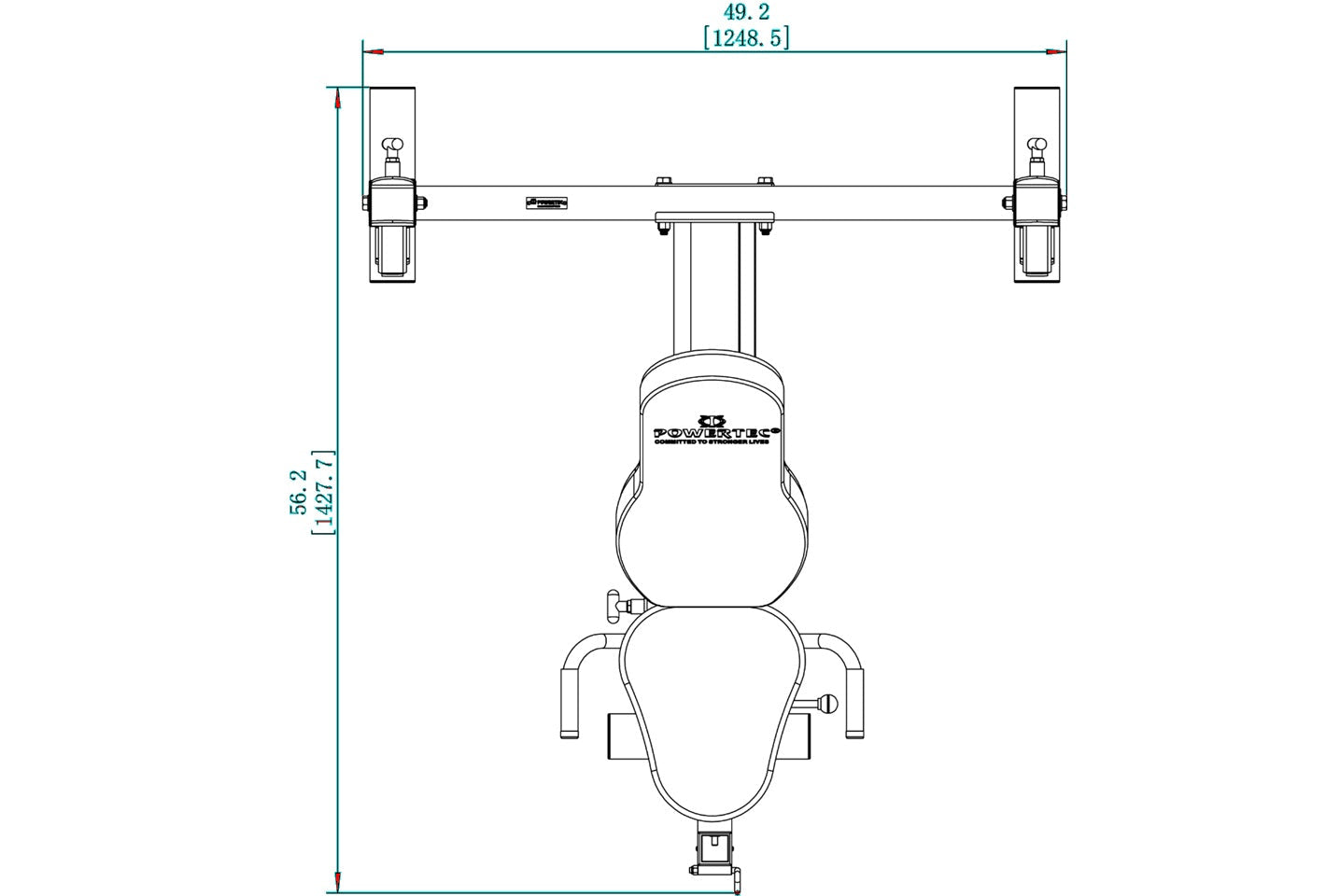 Technical drawing of Powertec Olympic weight bench viewed from above, showing barbell rack, seat, and leg attachment with mea