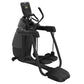 Black Precor AMT 835 elliptical machine with digital P31 console display, dual handlebars, and large pedal platform on white 