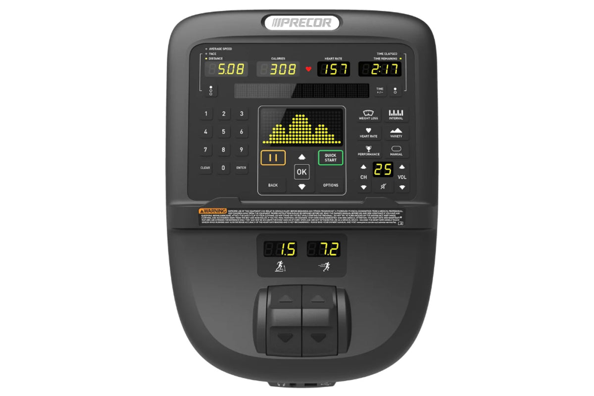 Precor AMT 835 elliptical machine console displaying workout metrics with yellow digital readouts and control buttons on blac