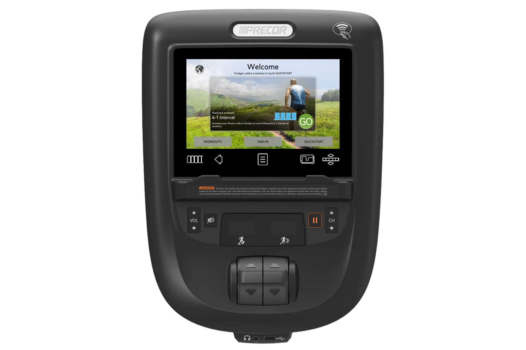 Precor AMT 865 black exercise machine with touchscreen display showing workout welcome screen and control buttons below