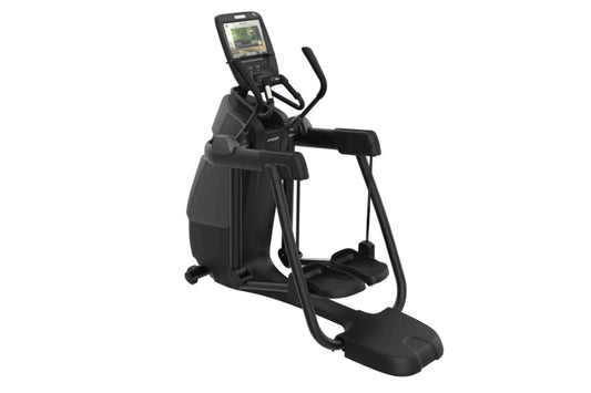 Black elliptical trainer with digital console display, dual handlebars, and foot pedals on white background