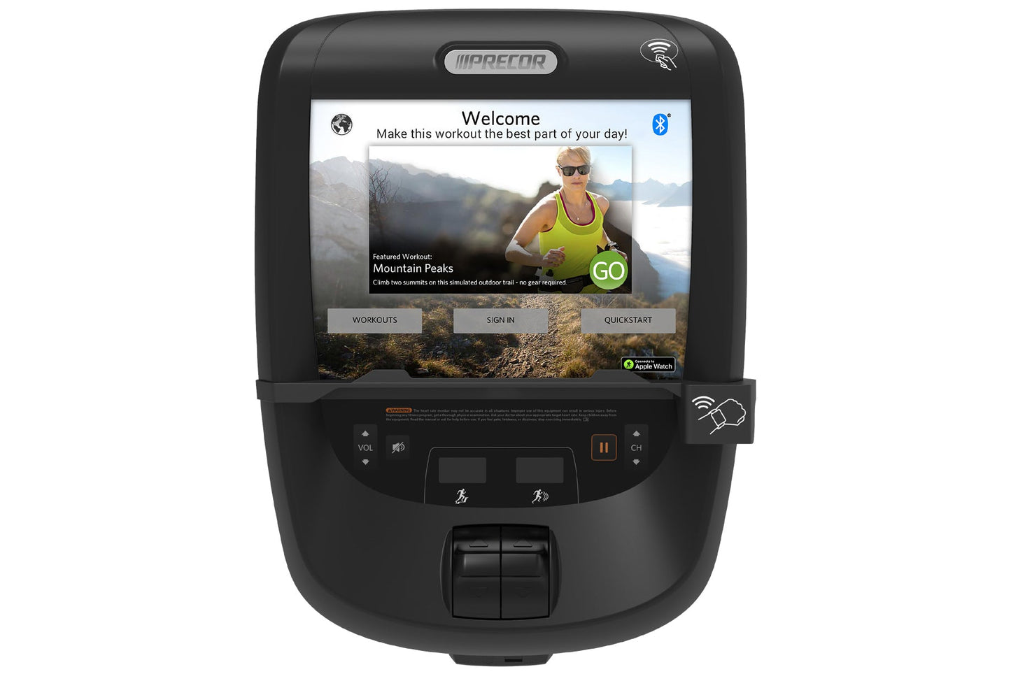 Precor AMT 885 black elliptical trainer with P82 touchscreen console displaying welcome screen and featured mountain peaks wo