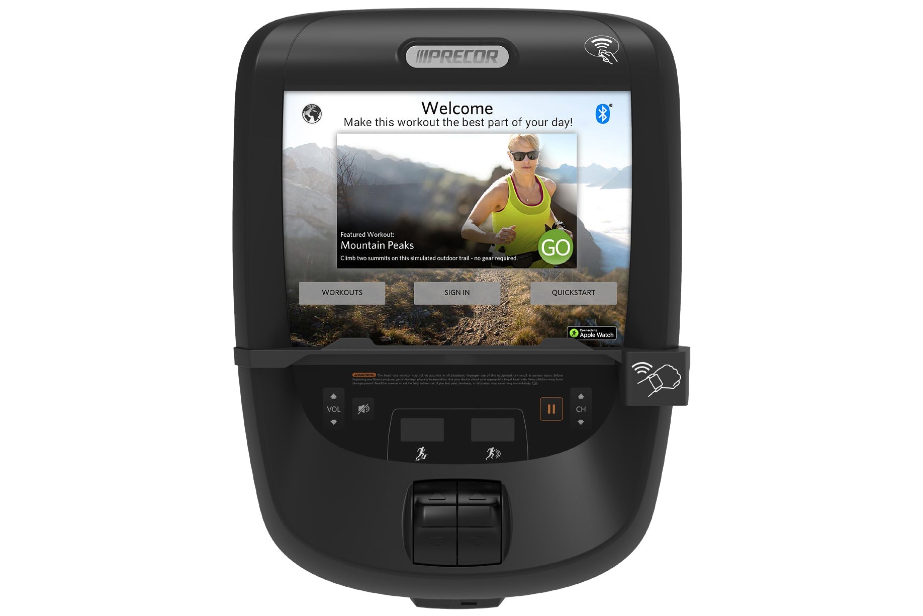Precor AMT 885 black elliptical trainer with P82 touchscreen console displaying welcome screen and featured mountain peaks wo