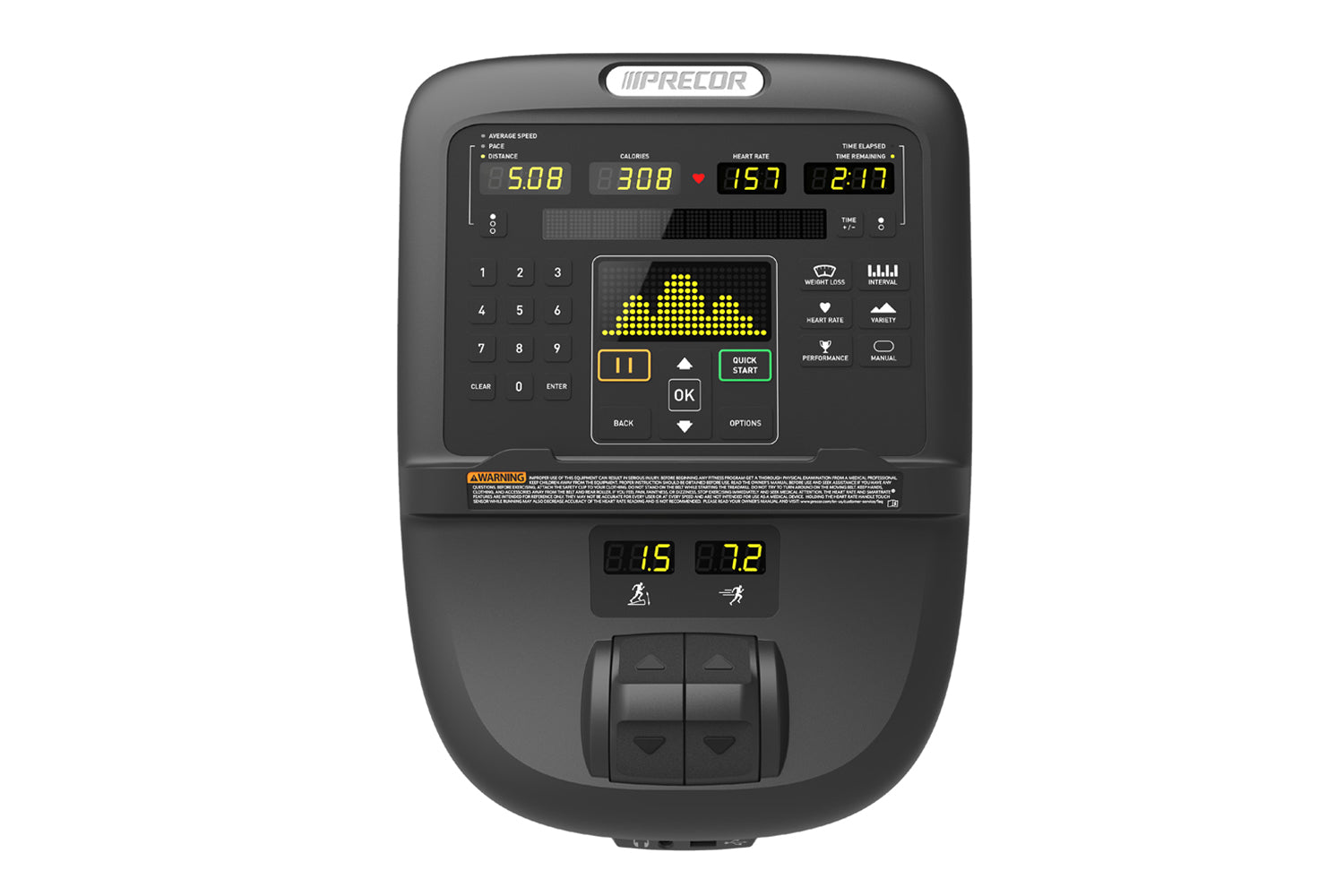 Precor AMT 800 elliptical machine console with digital display showing workout metrics, numeric keypad, and control buttons o