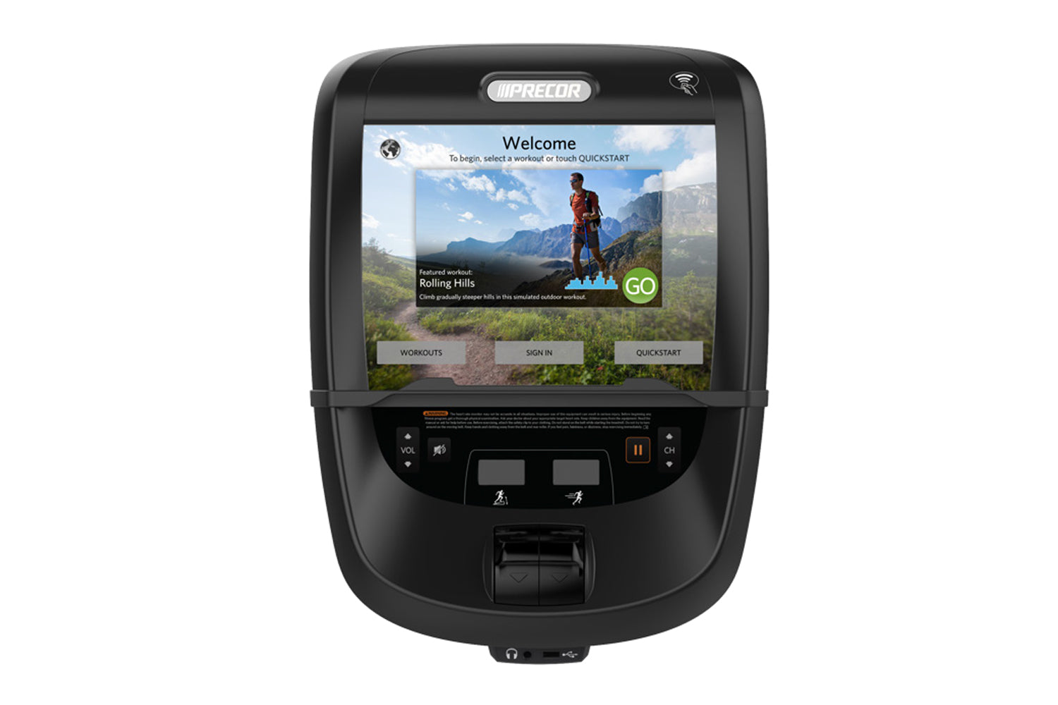Precor black fitness machine with digital display showing welcome screen and featured workout "Rolling Hills" with mountain l