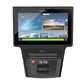 Precor exercise machine with black frame and touchscreen display showing fitness workout options, front view on white backgro