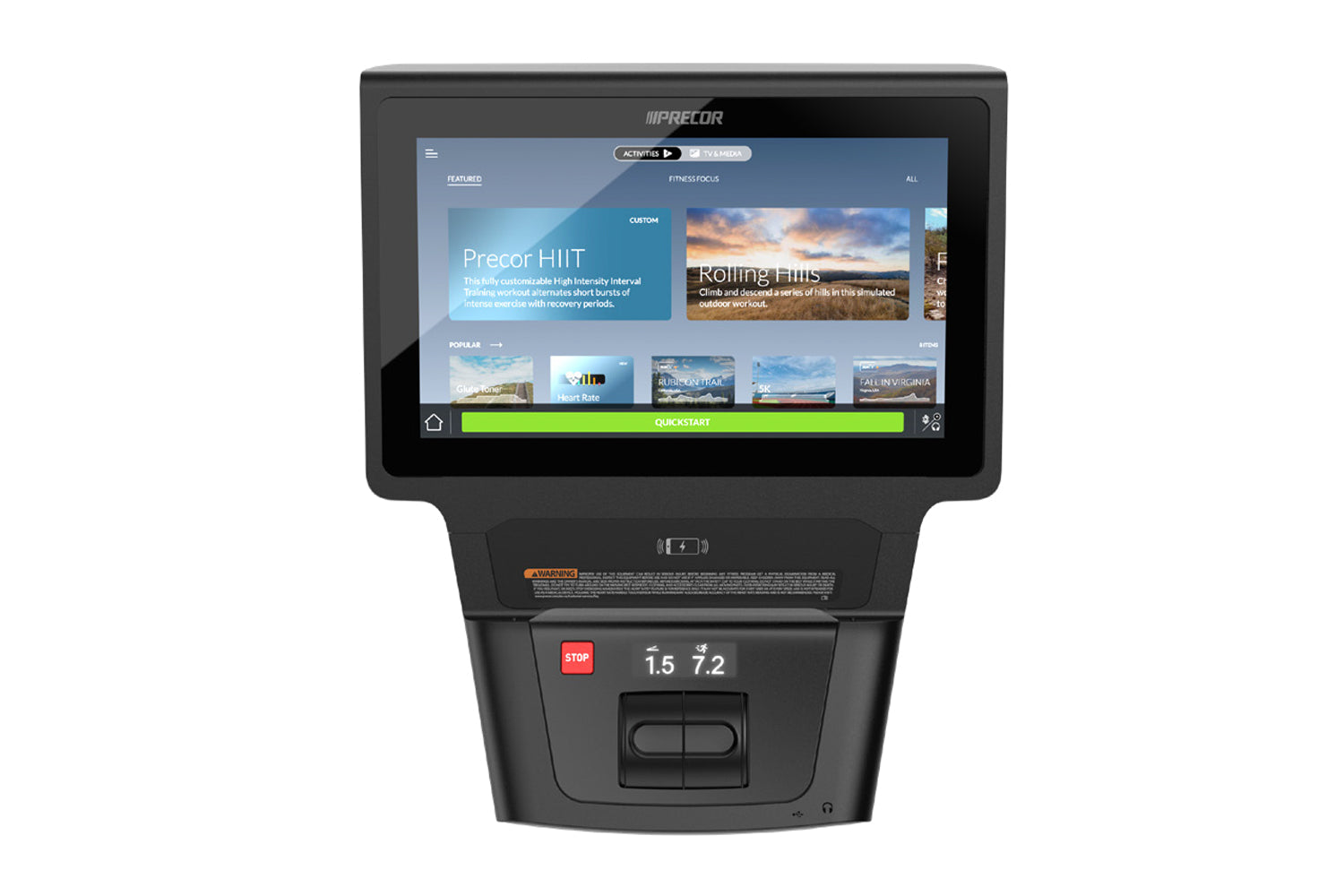Precor exercise machine with black frame and touchscreen display showing fitness workout options, front view on white backgro