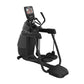 Black elliptical cardio machine with digital display console, handlebars, and foot pedals on white background