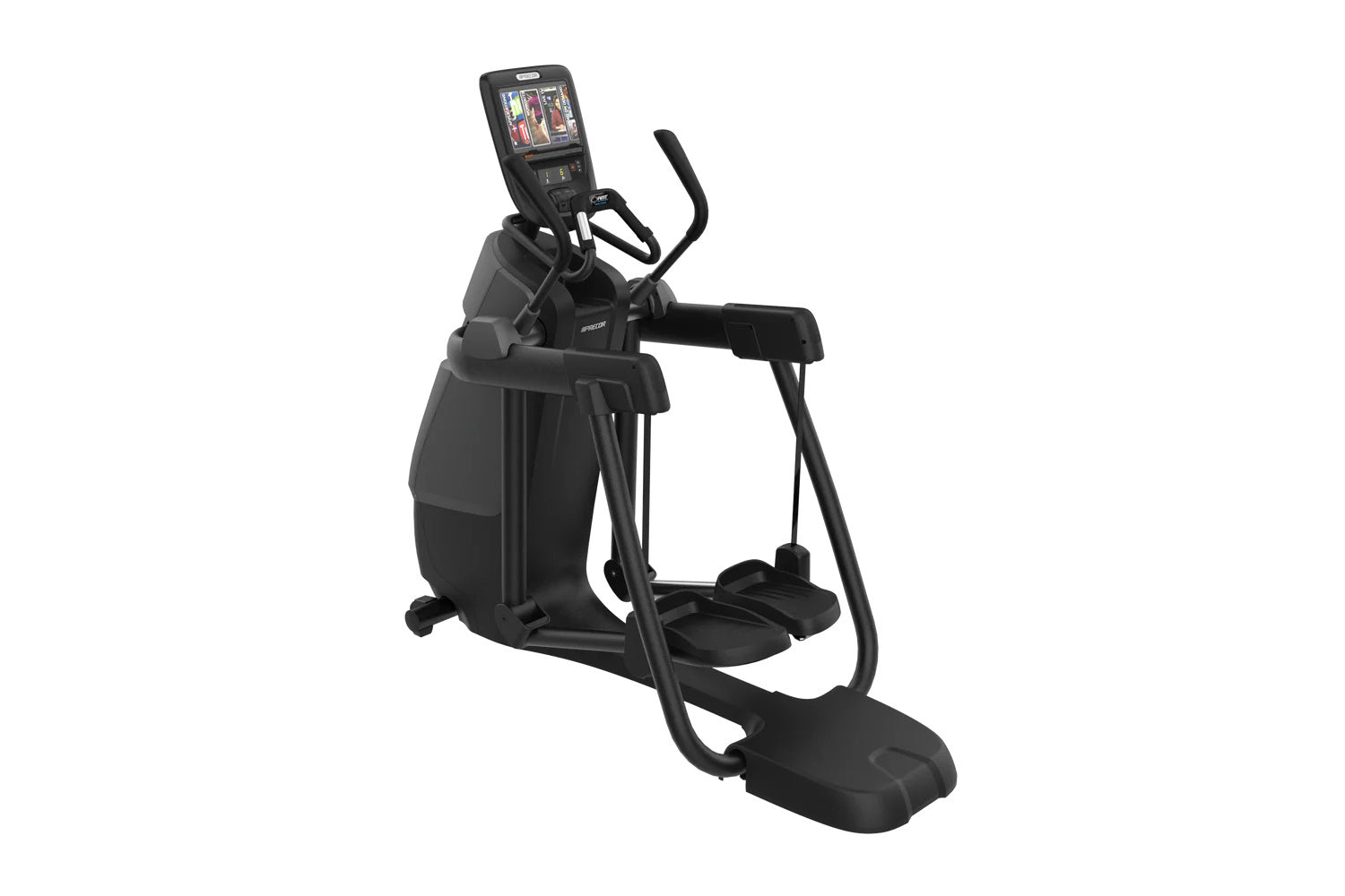 Black elliptical cardio machine with digital display console, handlebars, and foot pedals on white background