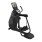 Black elliptical machine with digital display console, moving handlebars, and foot pedals on white background