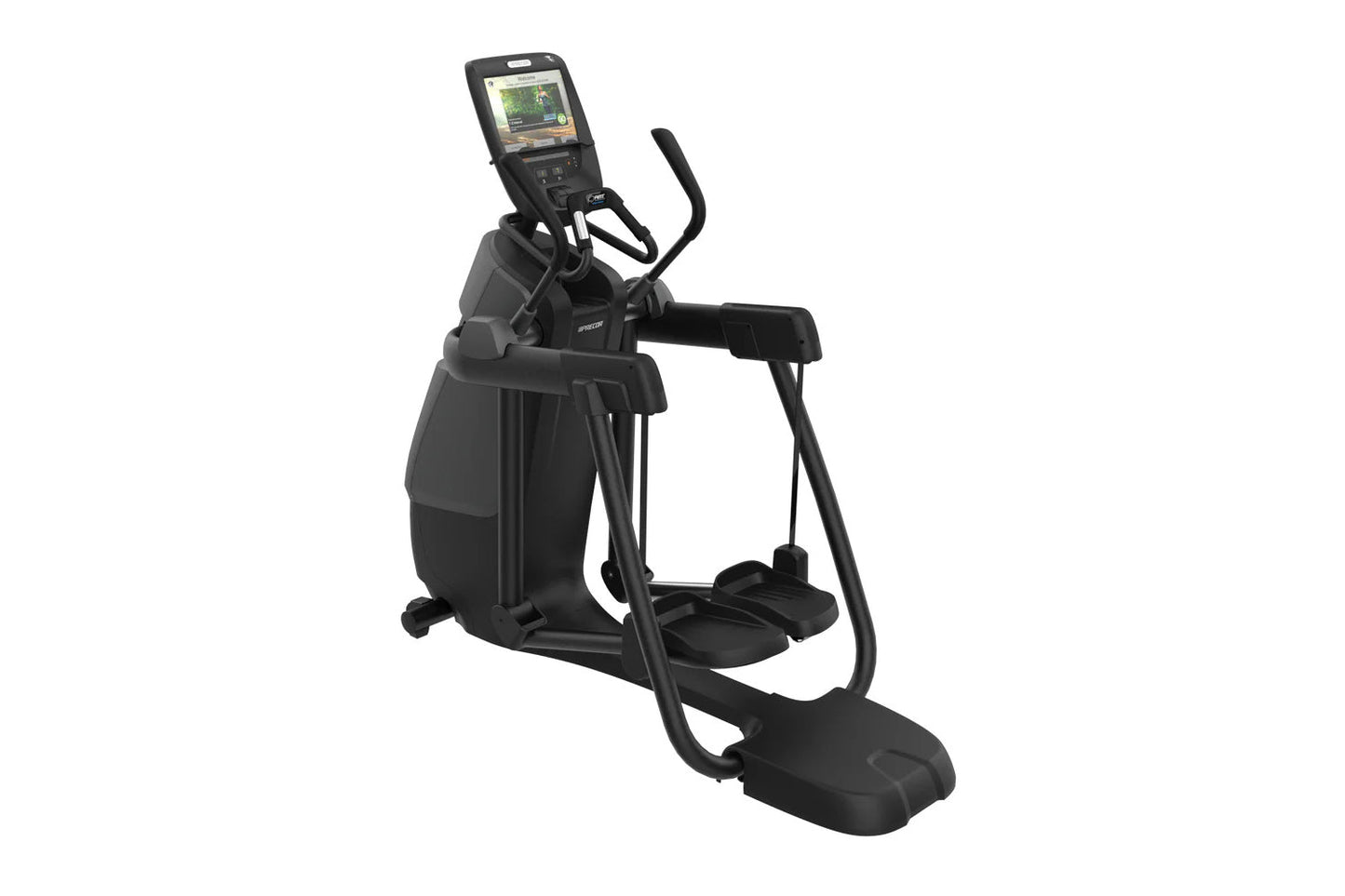 Black elliptical machine with digital display console, moving handlebars, and foot pedals on white background