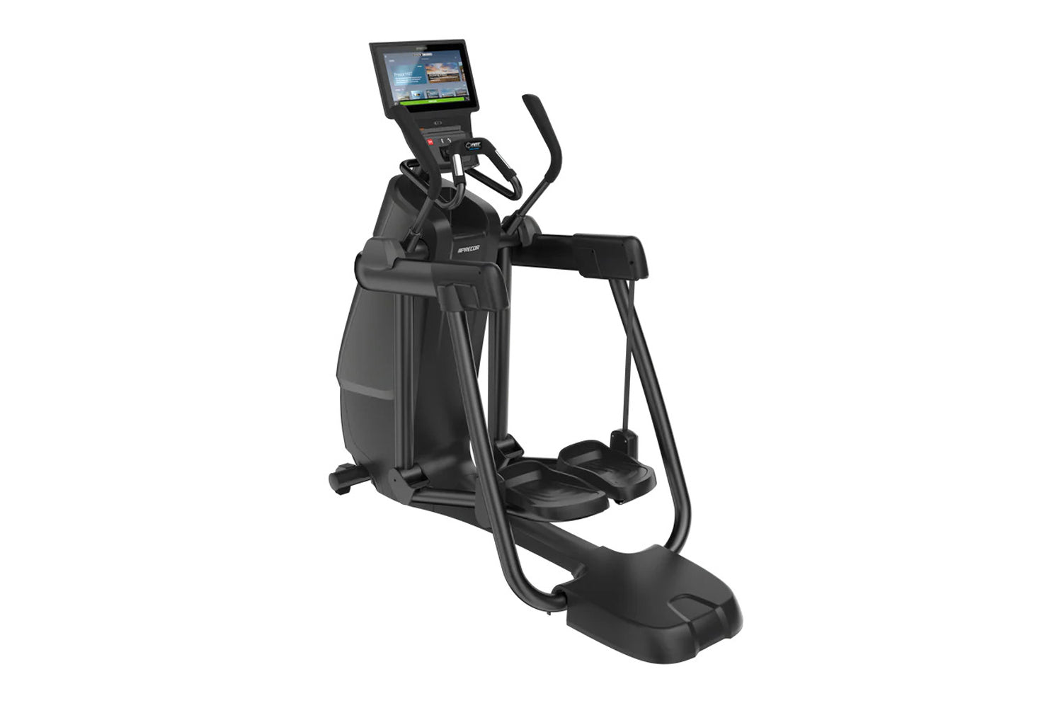 Black elliptical exercise machine with digital display console, handlebars, and footpads on white background