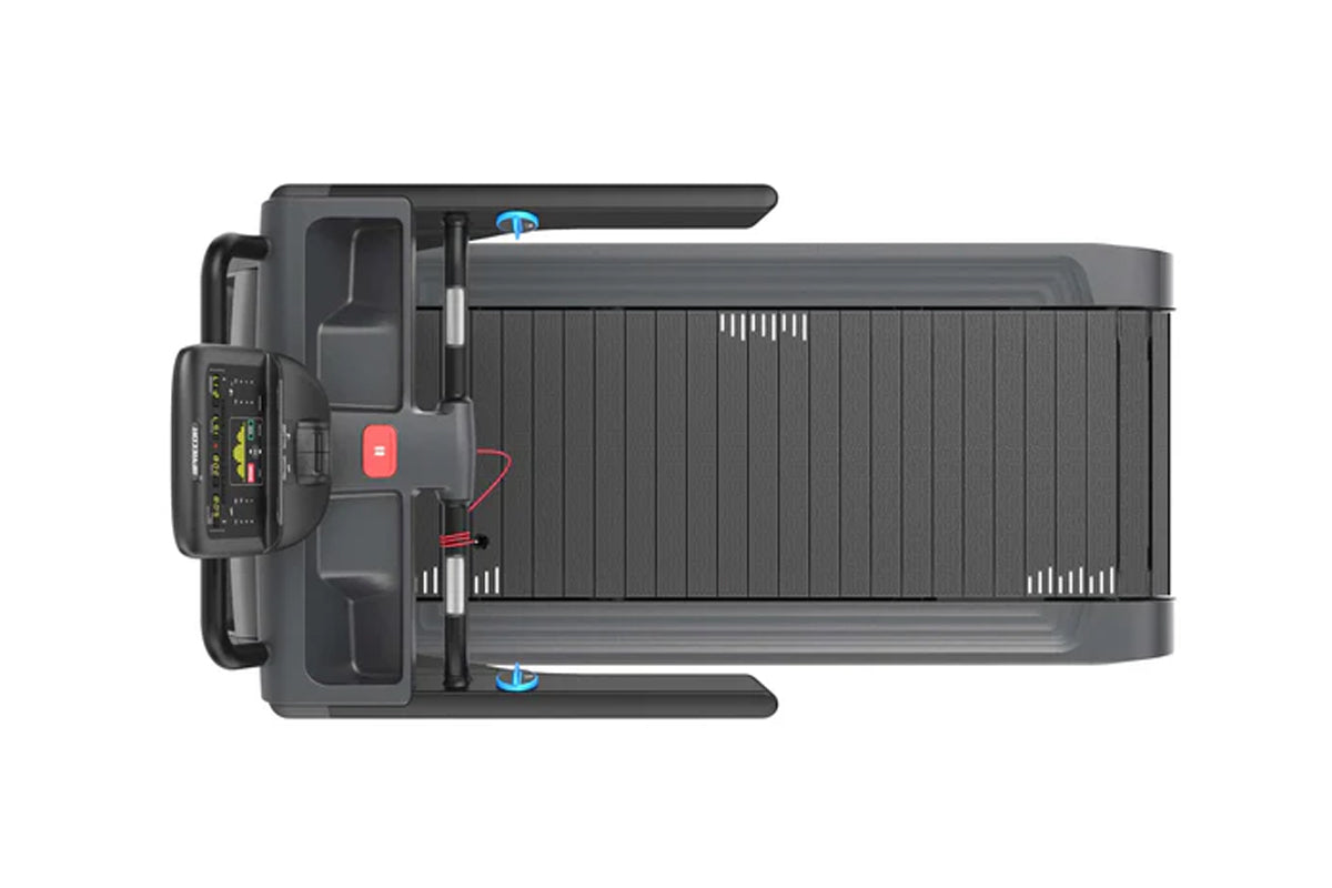 Precor Breakaway STM 837 treadmill with P31s console, dark gray metal frame with digital display panel and red start button, 
