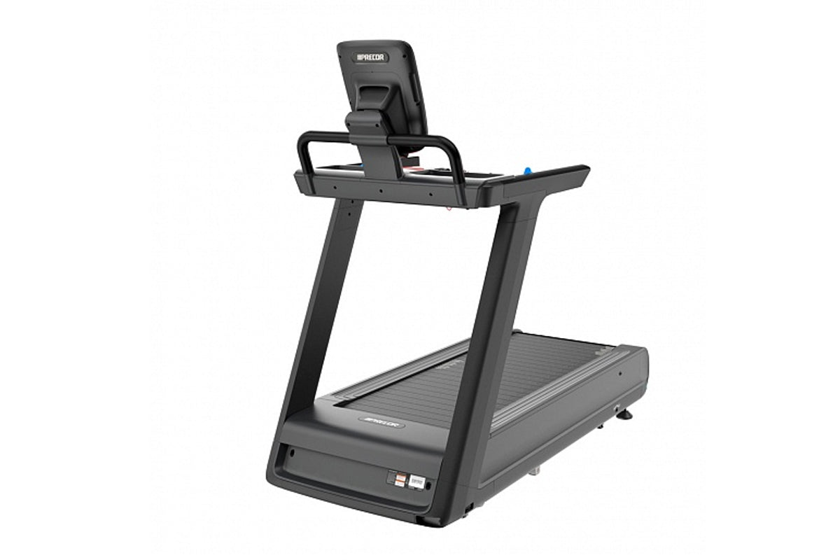 Black Precor treadmill with digital console, handrails, and textured running deck on white background