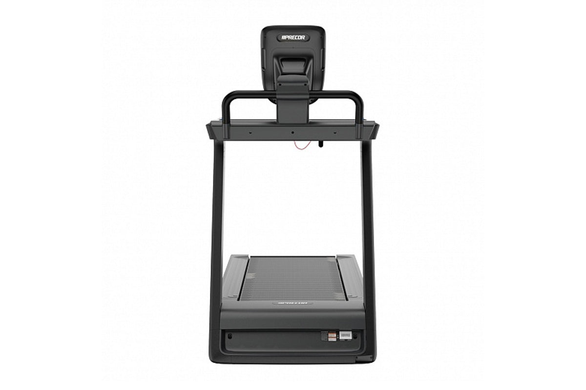 Precor Breakaway STM 837 treadmill with black frame, digital console, and textured running belt on white background