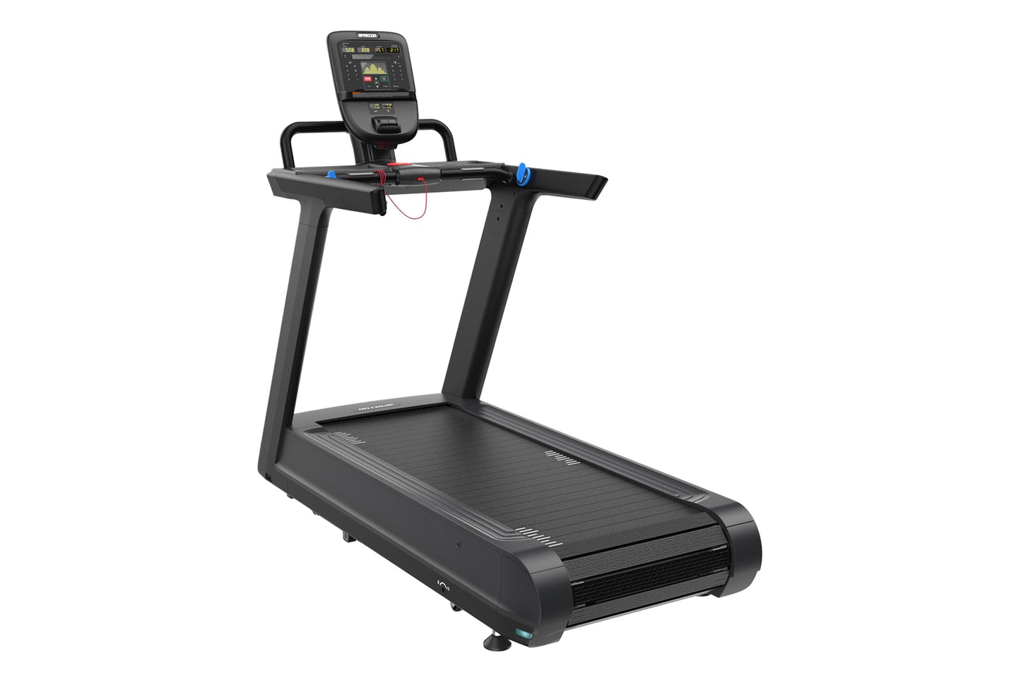 Black motorized treadmill with digital console display, handrails with blue and red handles, and wide running deck on white b