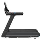 Black motorized treadmill with digital display console, wide running belt, and adjustable upright handlebar on white backgrou