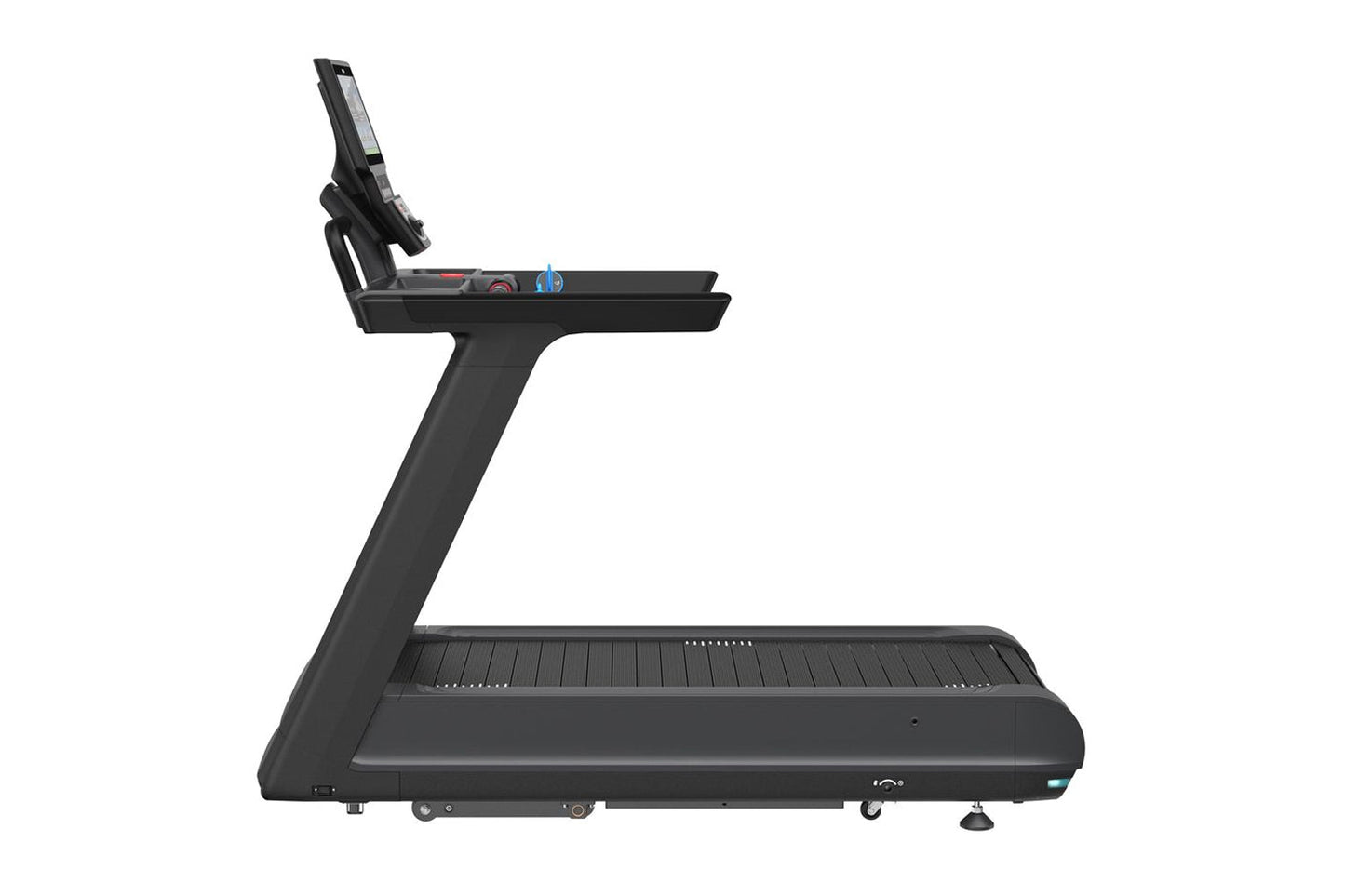 Black motorized treadmill with digital display console, wide running belt, and adjustable upright handlebar on white backgrou