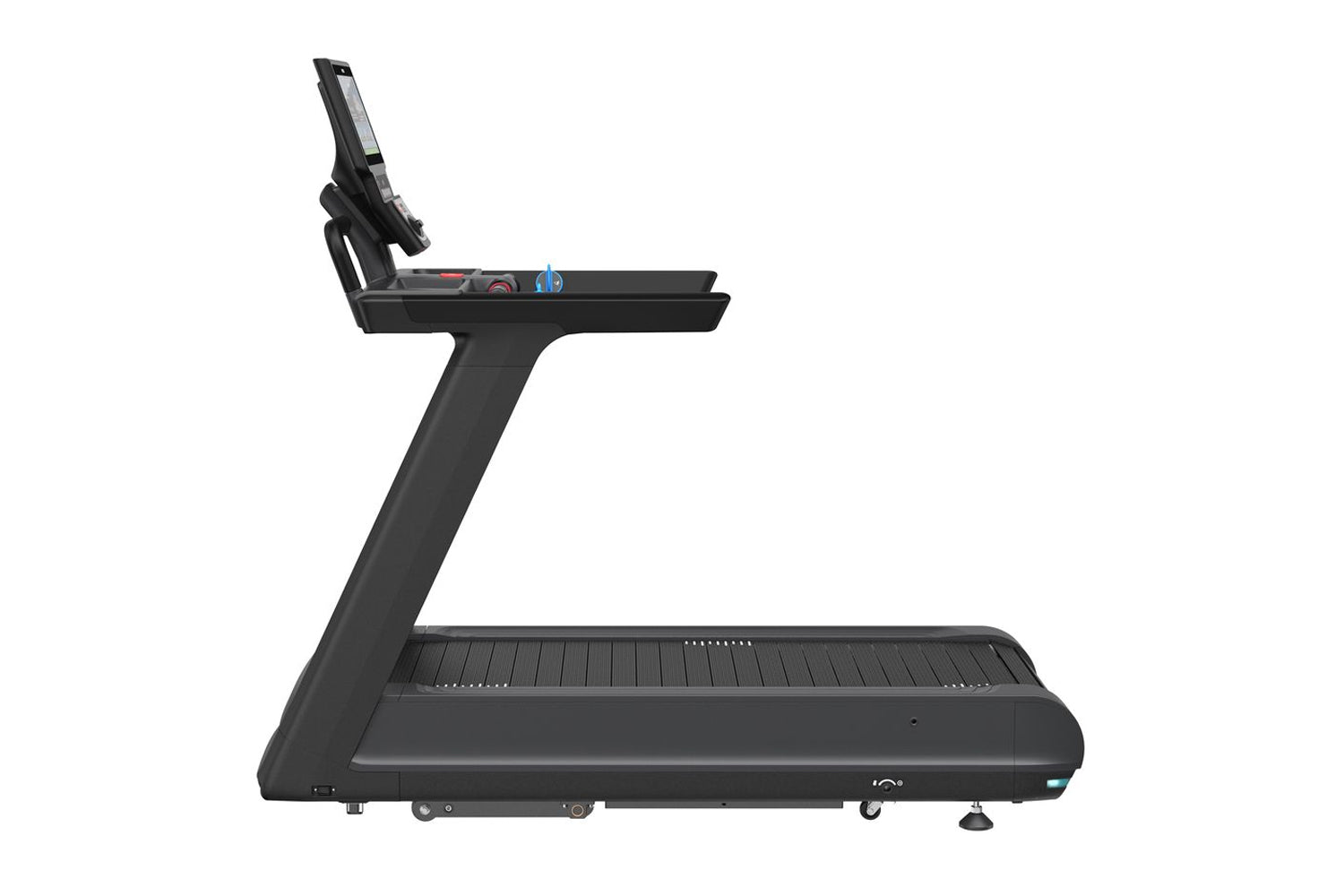 Black motorized treadmill with digital display console, wide running belt, and adjustable upright handlebar on white backgrou