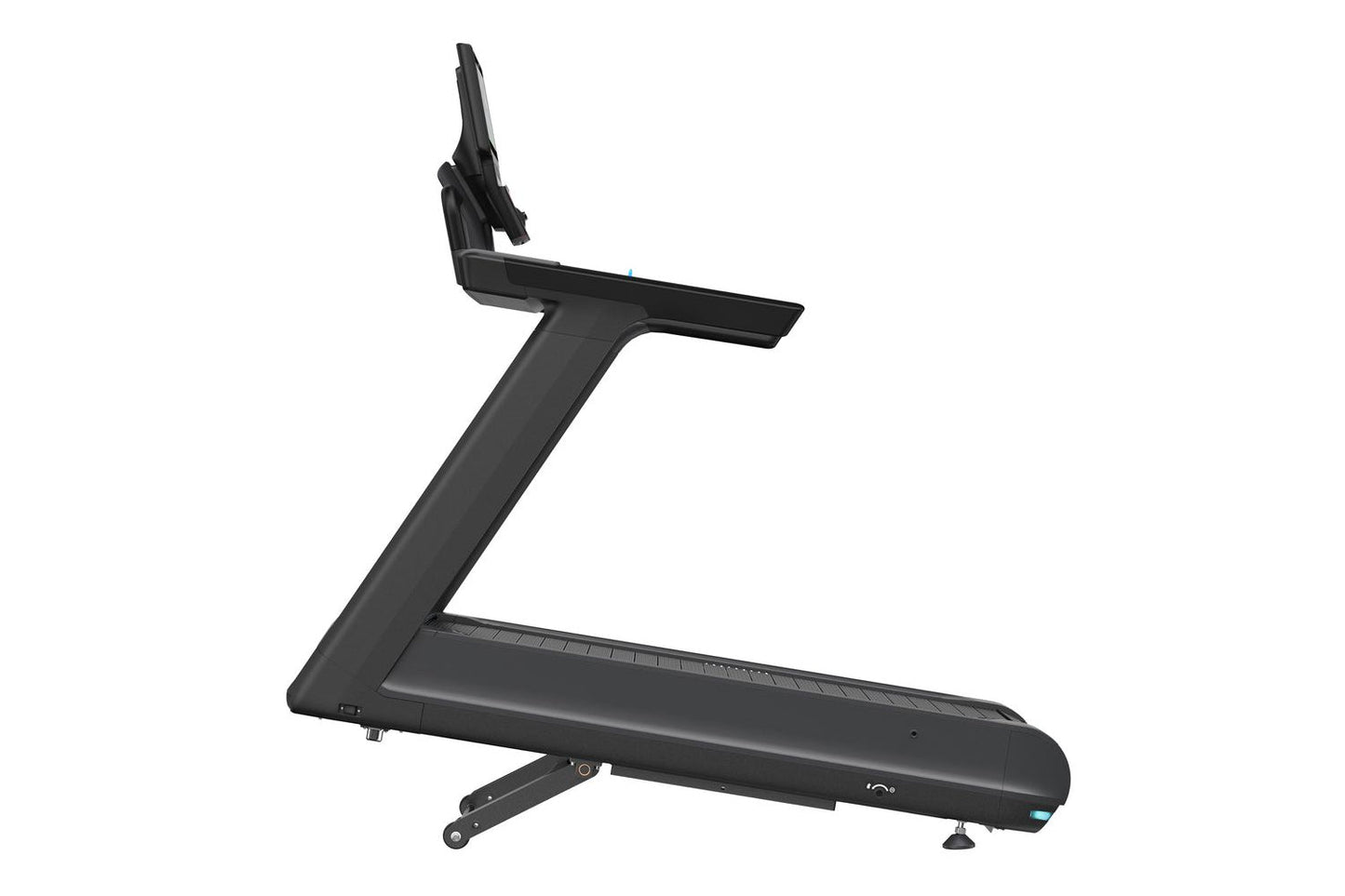 Black motorized treadmill with Z-shaped frame, digital console, and textured running belt on white background