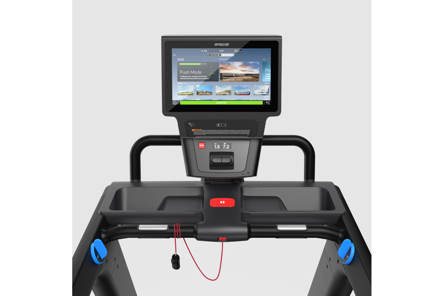 Black Precor treadmill with blue foot grips, integrated touchscreen display showing workout content, red emergency stop butto