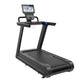 Black motorized treadmill with dual handles, digital console display showing fitness metrics, and blue accent buttons on whit