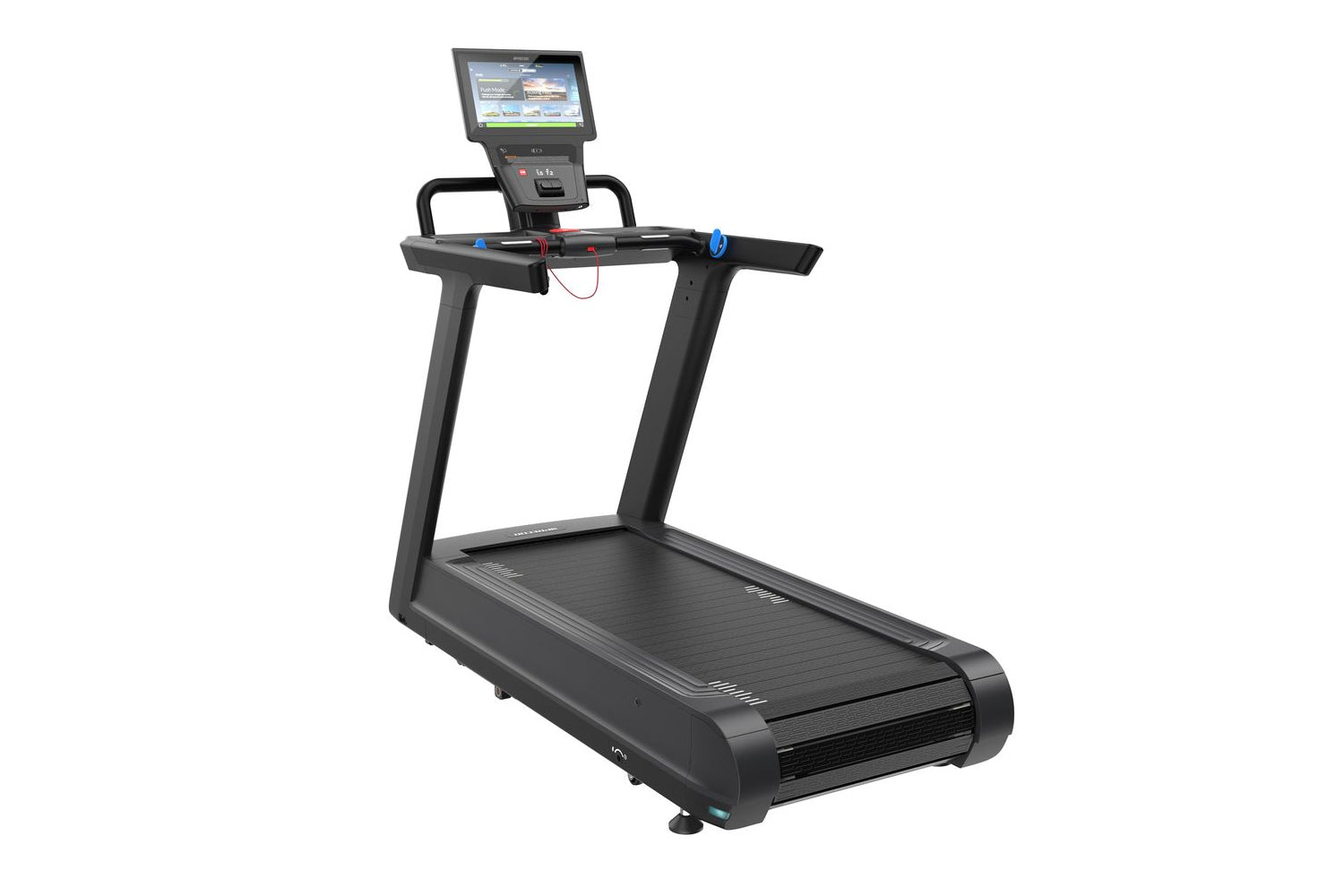 Black motorized treadmill with dual handles, digital console display showing fitness metrics, and blue accent buttons on whit