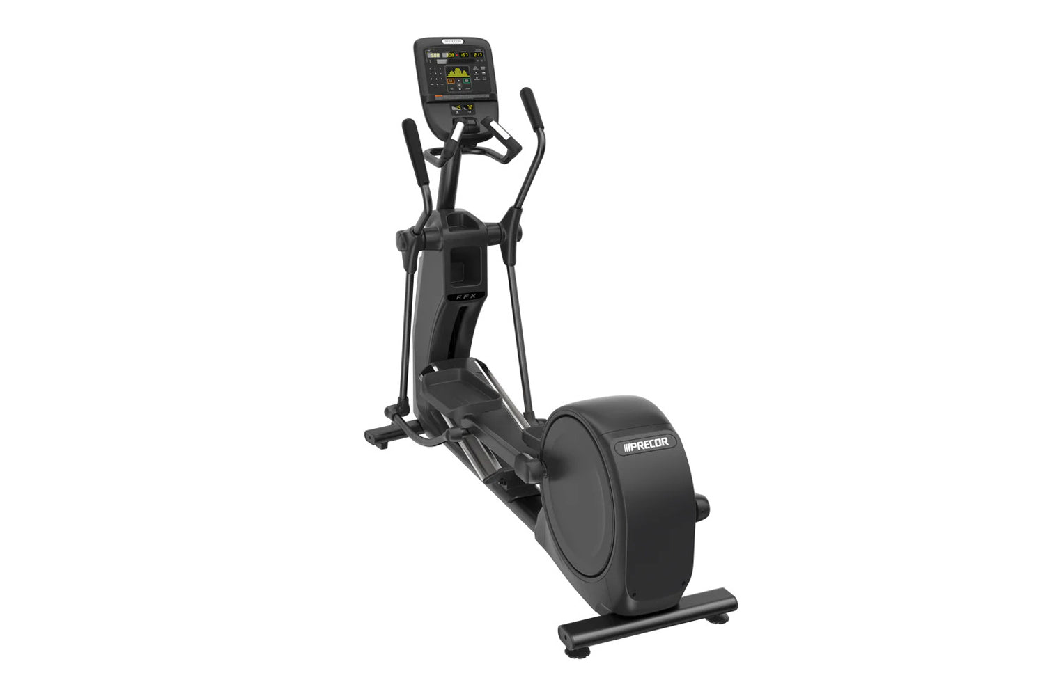 Black Precor EFX 500 elliptical machine with digital display console and moving handlebars on white background