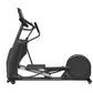 Black elliptical machine with digital display, handlebar grips, and large footplate on white background