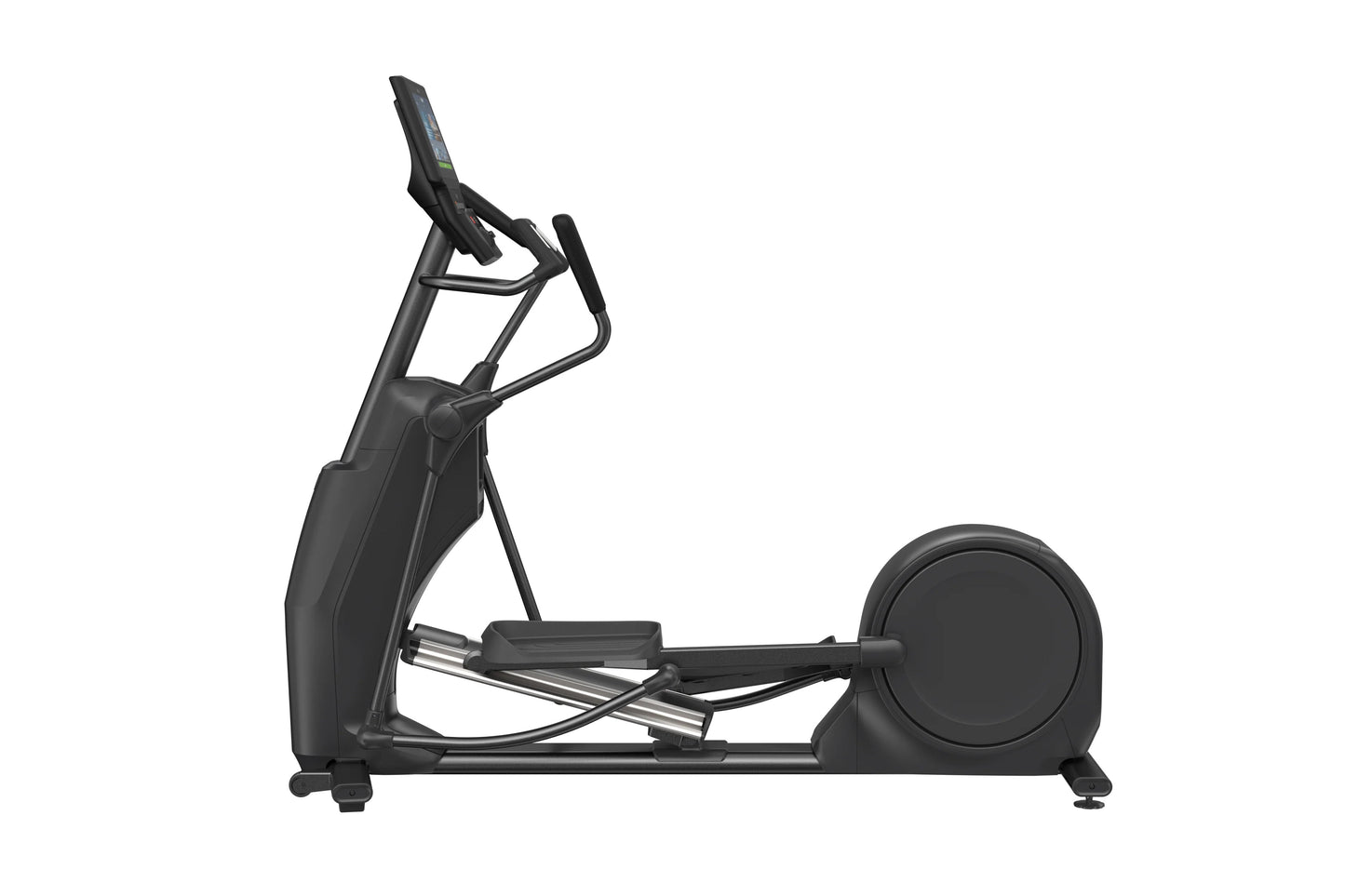 Black elliptical machine with digital display, handlebar grips, and large footplate on white background
