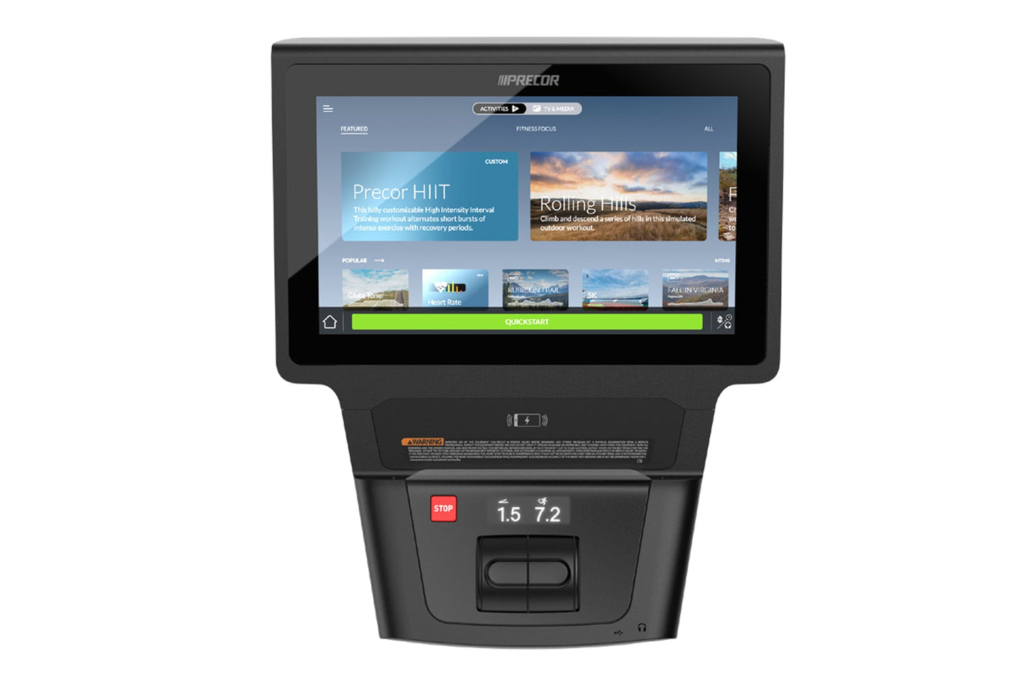 Precor HIIT elliptical machine with touchscreen display showing workout programs, black frame and base on white background