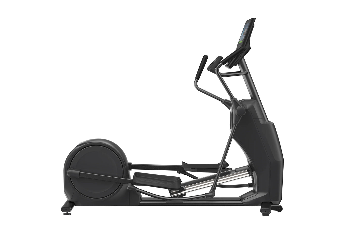 Black elliptical machine with digital console, moving handlebars, and footplate on white background