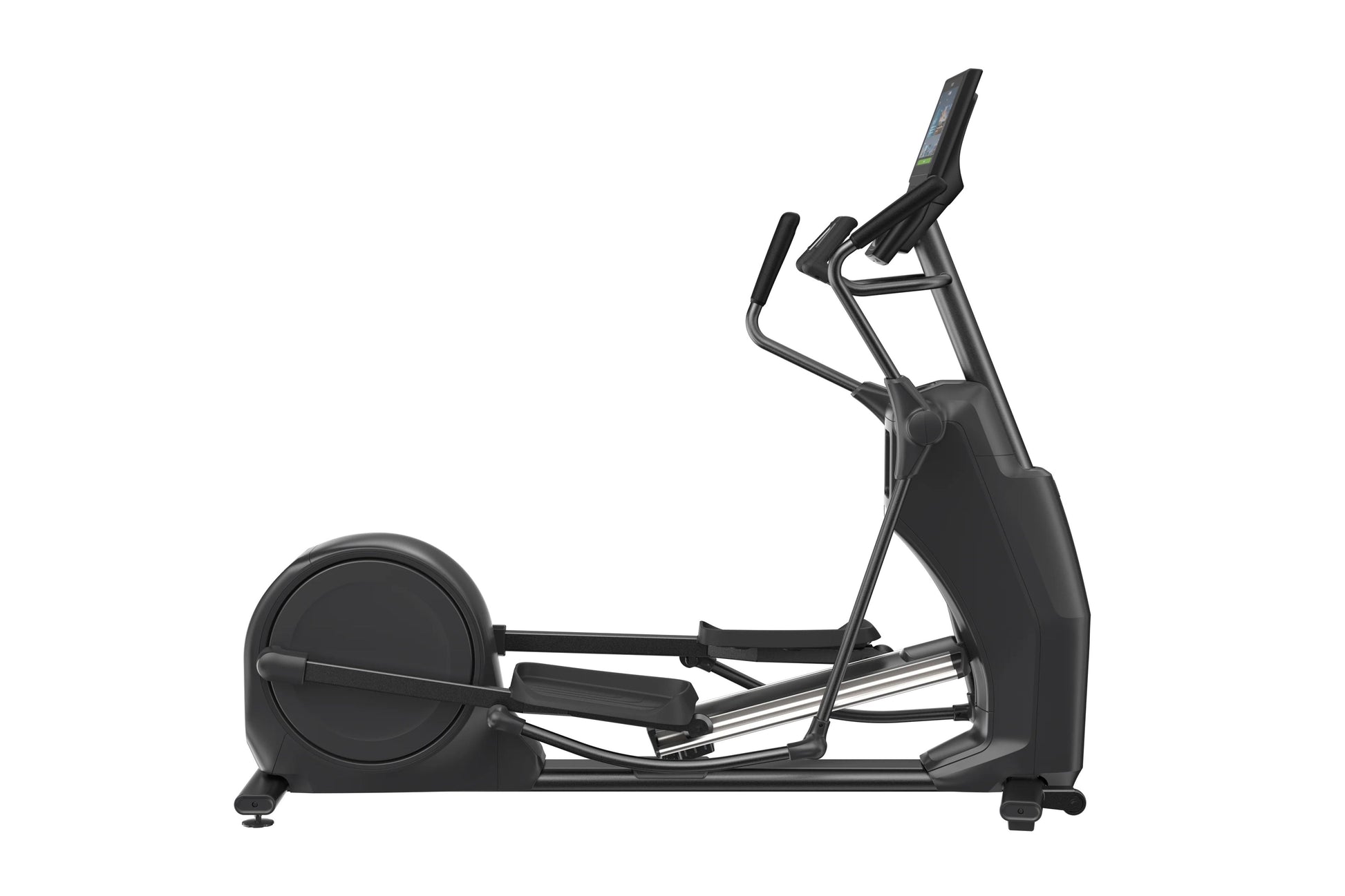 Black elliptical machine with digital console, moving handlebars, and footplate on white background