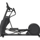 Black elliptical machine with curved stride pedals, handlebars, and large wheel on right side, on white background